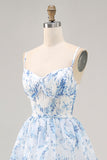White and Blue Floral Corset Ruffled Long Wedding Guest Dress with Slit