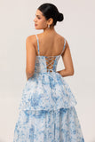 White and Blue Ruffled Corset Long Floral Wedding Guest Dress with Slit