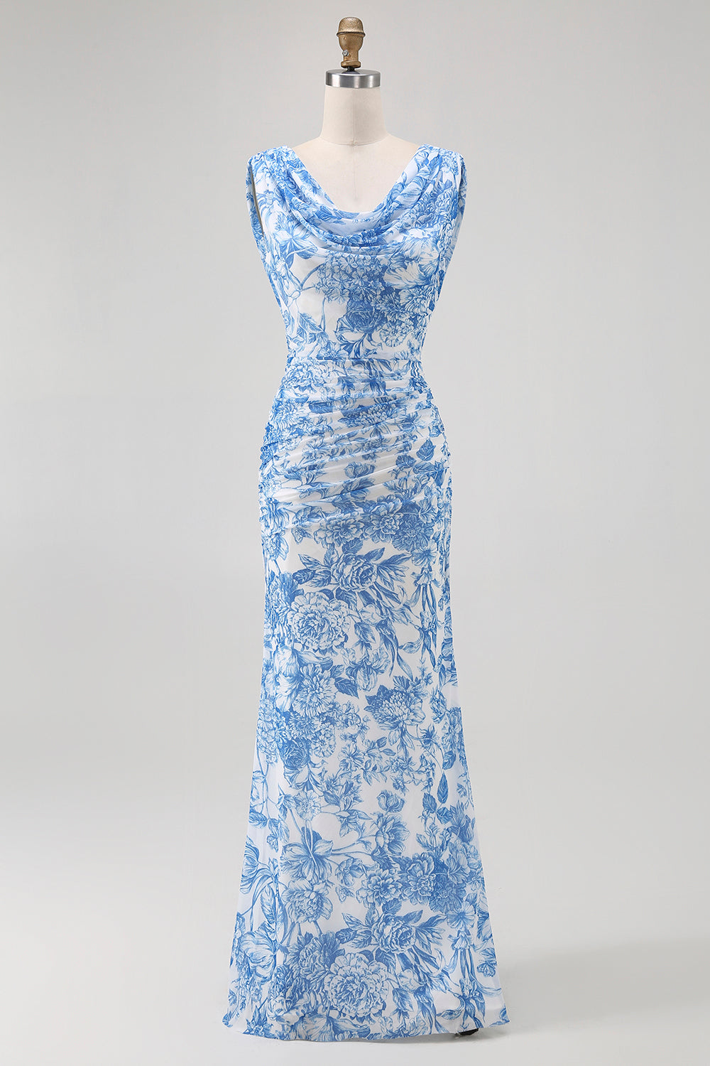 Blue Floral Cowl Neck Mermaid Long Bridesmaid Dress with Slit