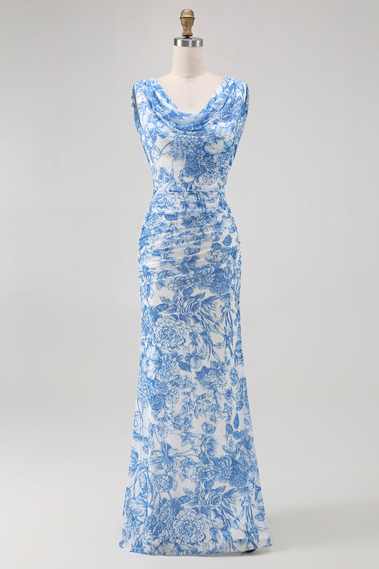 Blue Floral Cowl Neck Mermaid Long Bridesmaid Dress with Slit