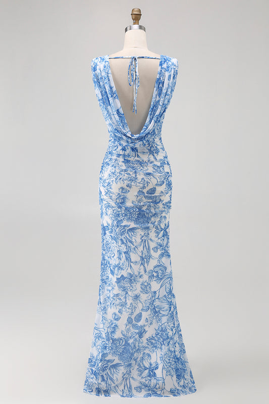 Blue Floral Cowl Neck Mermaid Long Bridesmaid Dress with Slit
