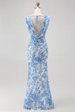 Blue Floral Cowl Neck Mermaid Long Bridesmaid Dress with Slit