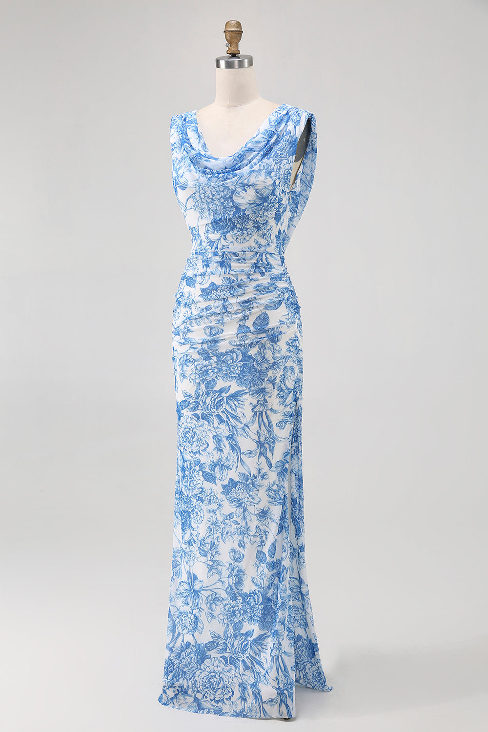 Blue Floral Cowl Neck Mermaid Long Bridesmaid Dress with Slit