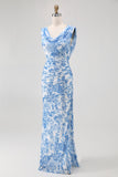 Blue Floral Cowl Neck Mermaid Long Bridesmaid Dress with Slit