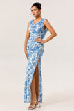 Blue Floral V-Neck Mermaid Long Bridesmaid Dress with Slit