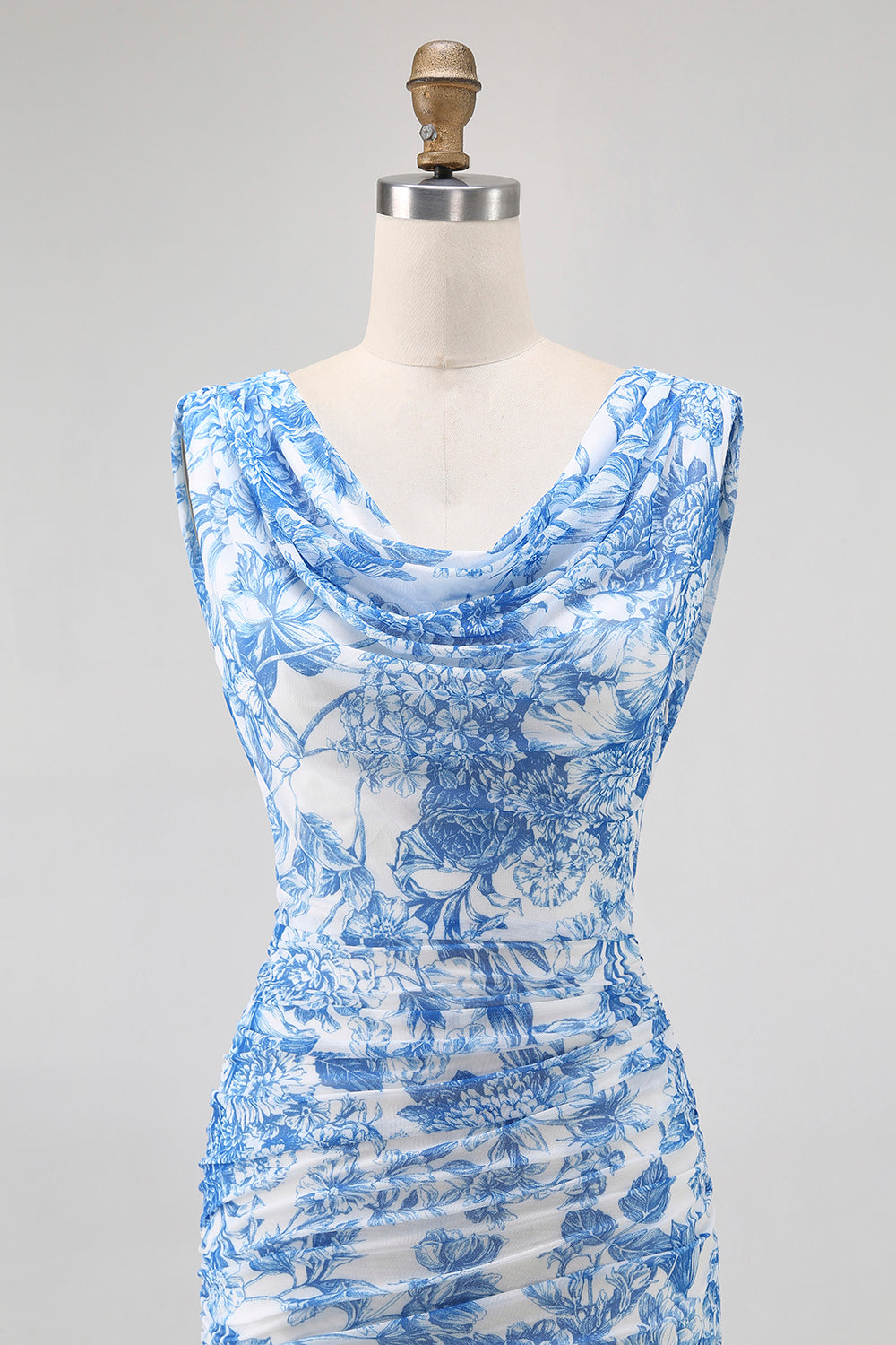 Blue Floral Cowl Neck Mermaid Long Bridesmaid Dress with Slit