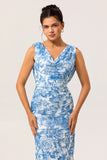 Blue Floral V-Neck Mermaid Long Bridesmaid Dress with Slit