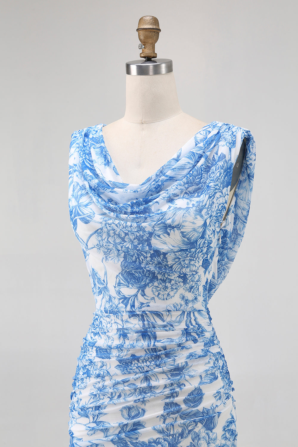 Blue Floral Cowl Neck Mermaid Long Bridesmaid Dress with Slit