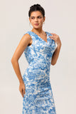 Blue Floral V-Neck Mermaid Long Bridesmaid Dress with Slit