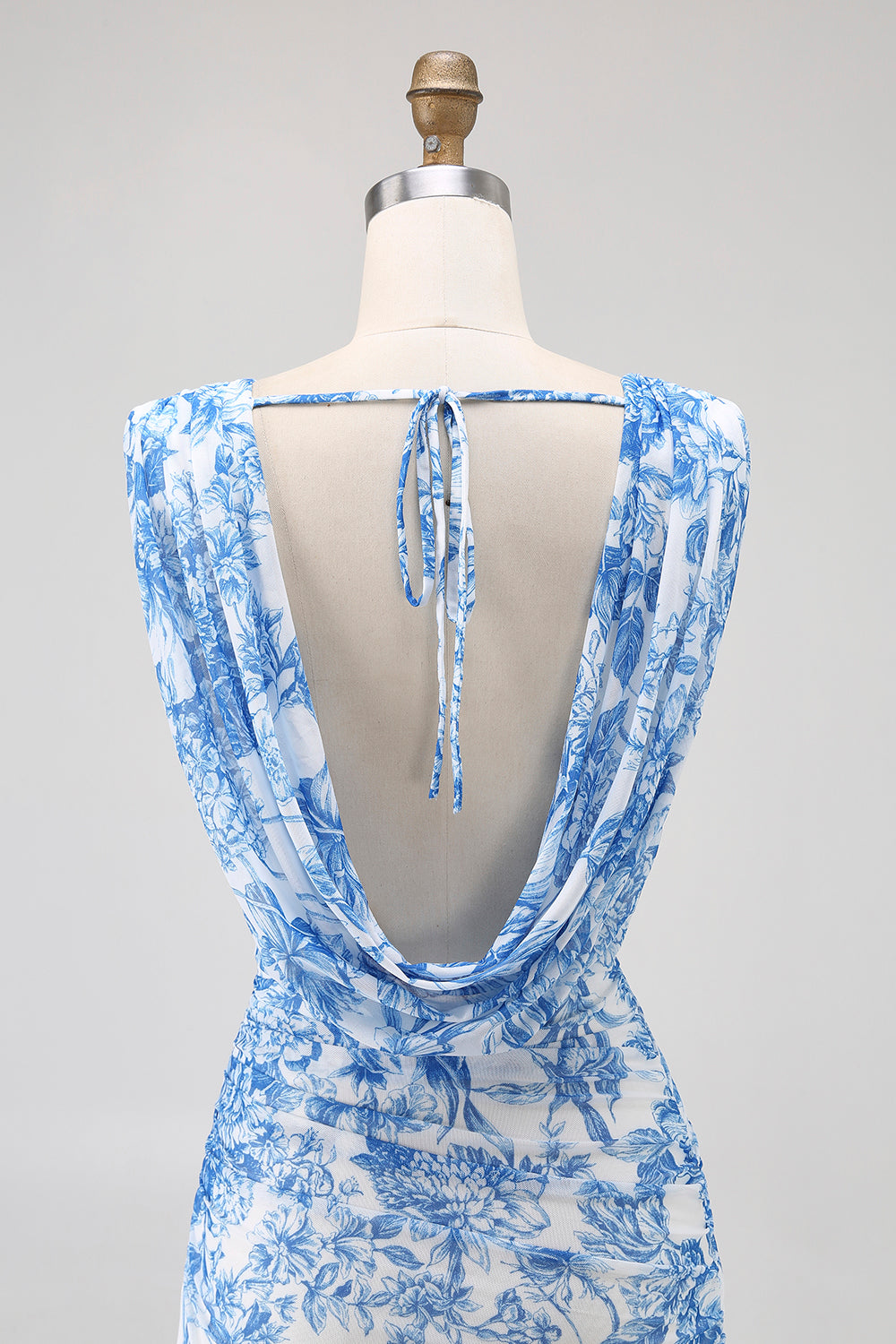 Blue Floral Cowl Neck Mermaid Long Bridesmaid Dress with Slit