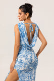 Blue Floral V-Neck Mermaid Long Bridesmaid Dress with Slit