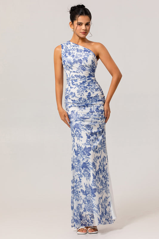 White Blue Floral One Shoulder Long Bridesmaid Dress with Slit