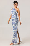 White Blue Floral One Shoulder Long Bridesmaid Dress with Slit