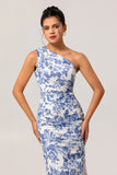 White Blue Floral One Shoulder Long Bridesmaid Dress with Slit