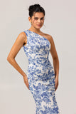 White Blue Floral One Shoulder Long Bridesmaid Dress with Slit