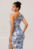 White Blue Floral One Shoulder Long Bridesmaid Dress with Slit