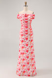 Pink Floral Off the Shoulder Long Wedding Guest Dress with 3D Flower