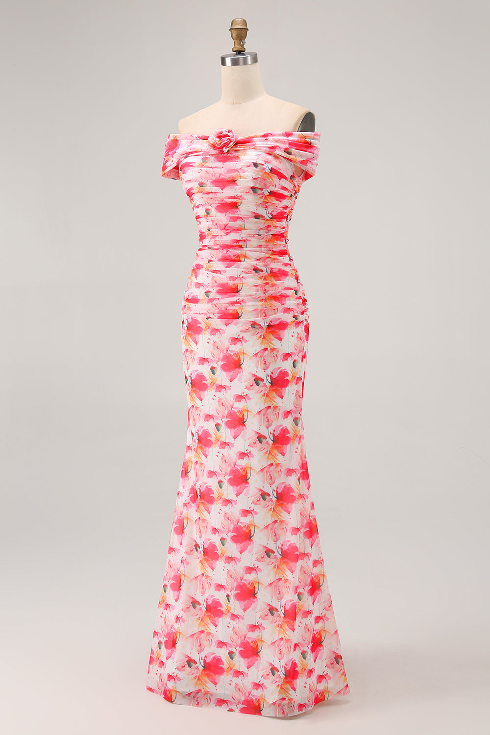 Pink Floral Off the Shoulder Long Wedding Guest Dress with 3D Flower