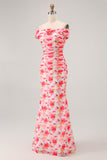 Pink Floral Off the Shoulder Long Wedding Guest Dress with 3D Flower