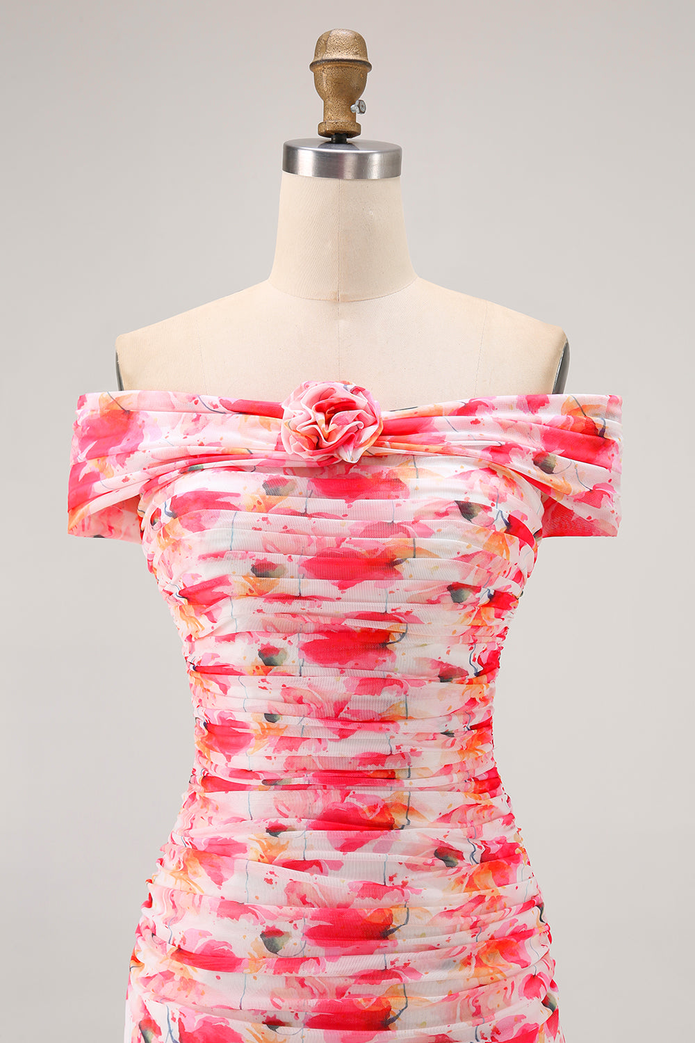 Pink Floral Off the Shoulder Long Wedding Guest Dress with 3D Flower