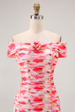 Pink Floral Off the Shoulder Long Wedding Guest Dress with 3D Flower