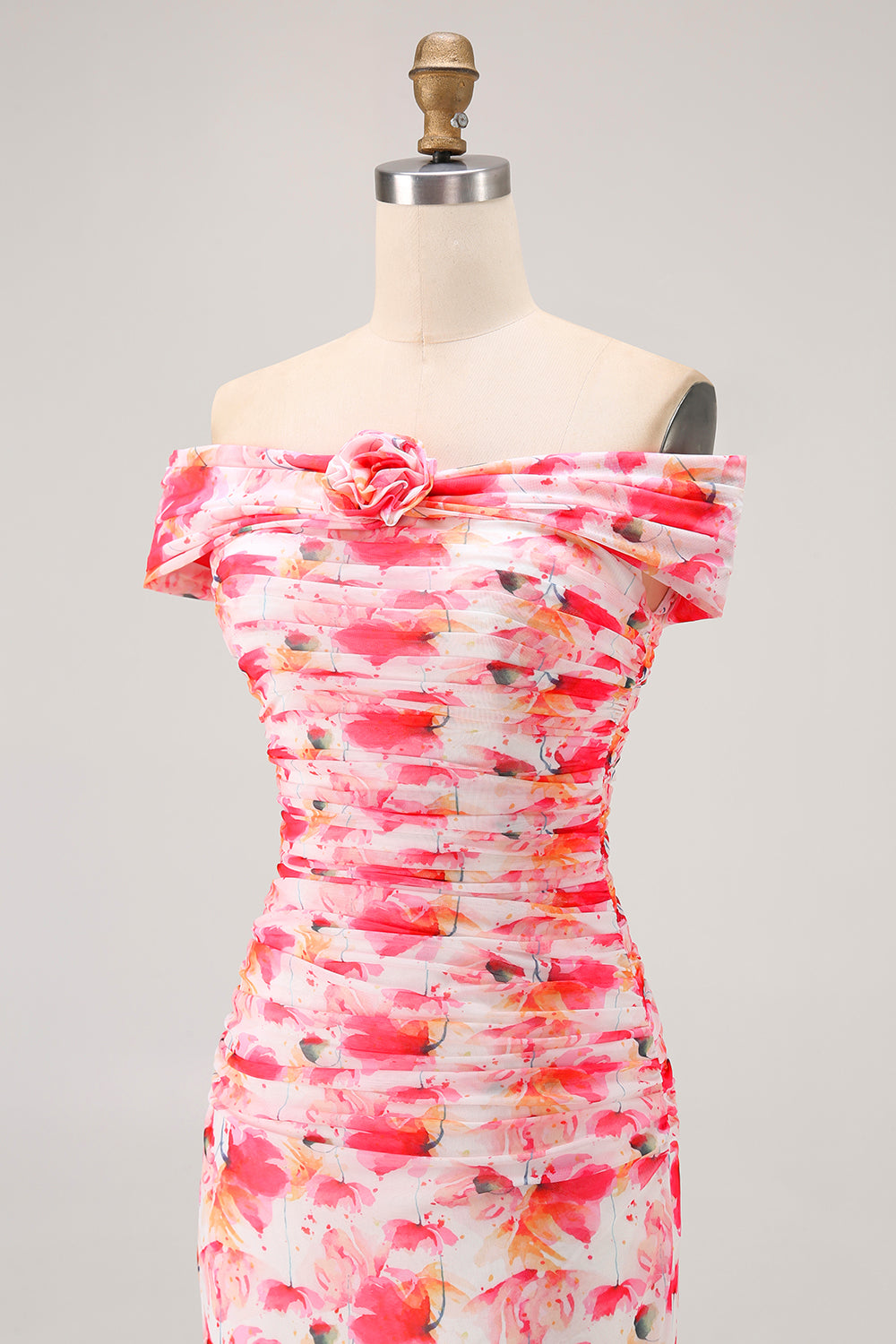 Pink Floral Off the Shoulder Long Wedding Guest Dress with 3D Flower