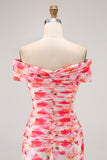 Pink Floral Off the Shoulder Long Wedding Guest Dress with 3D Flower