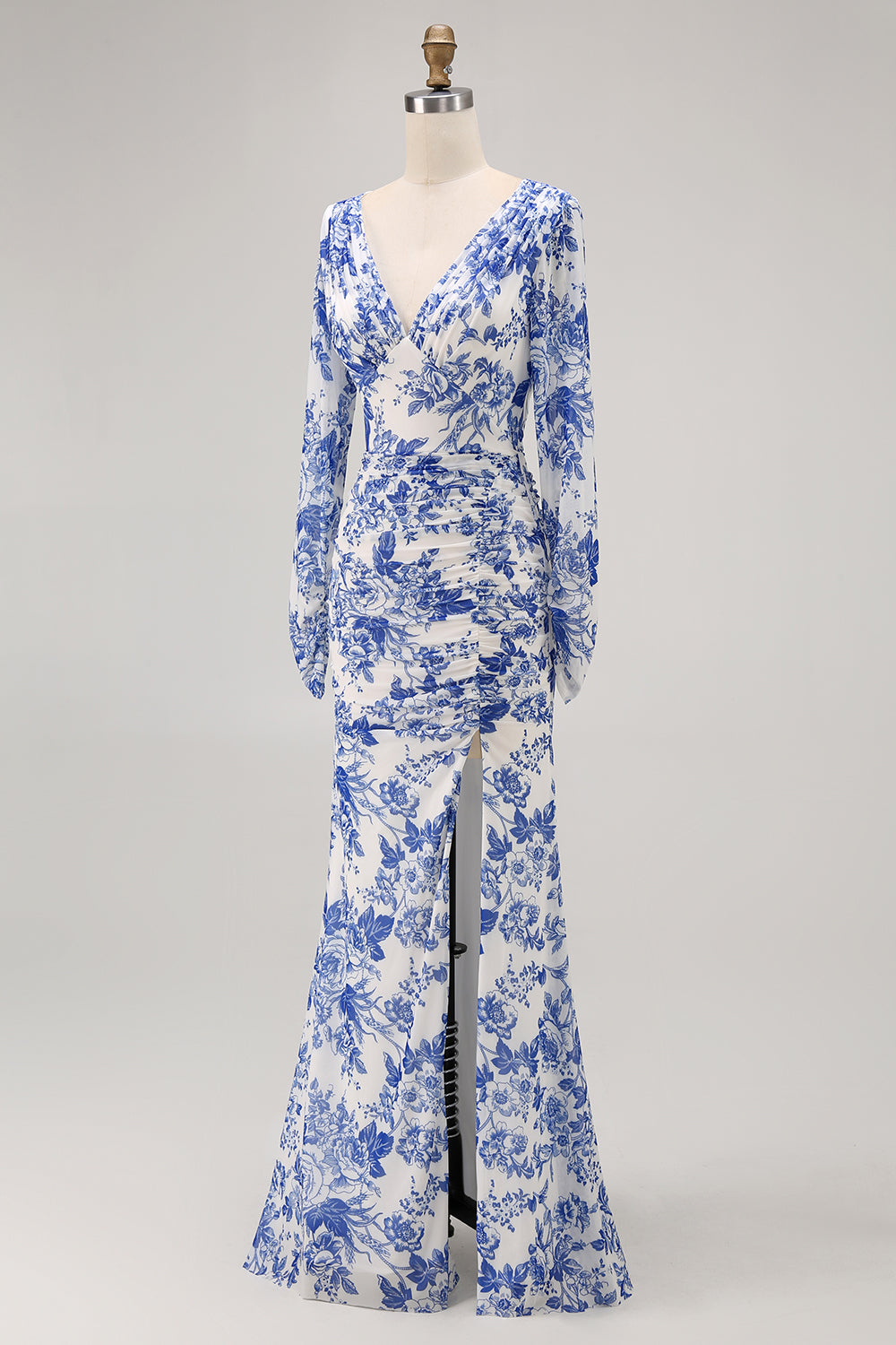 Blue V-Neck Floral Long Wedding Guest Dress with Sleeves
