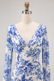 Blue V-Neck Floral Long Wedding Guest Dress with Sleeves