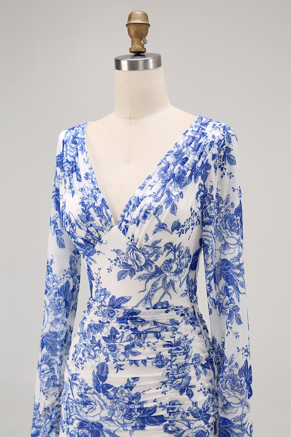 Blue V-Neck Floral Long Wedding Guest Dress with Sleeves