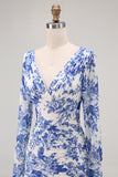 Blue V-Neck Floral Long Wedding Guest Dress with Sleeves