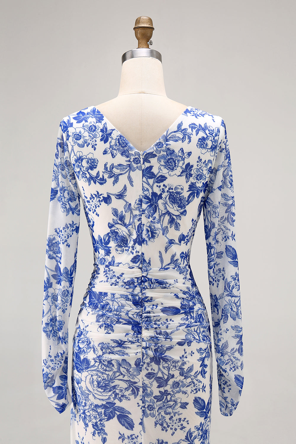 Blue V-Neck Floral Long Wedding Guest Dress with Sleeves