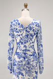 Blue V-Neck Floral Long Wedding Guest Dress with Sleeves