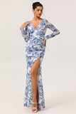 Blue V-Neck Floral Long Wedding Guest Dress with Sleeves