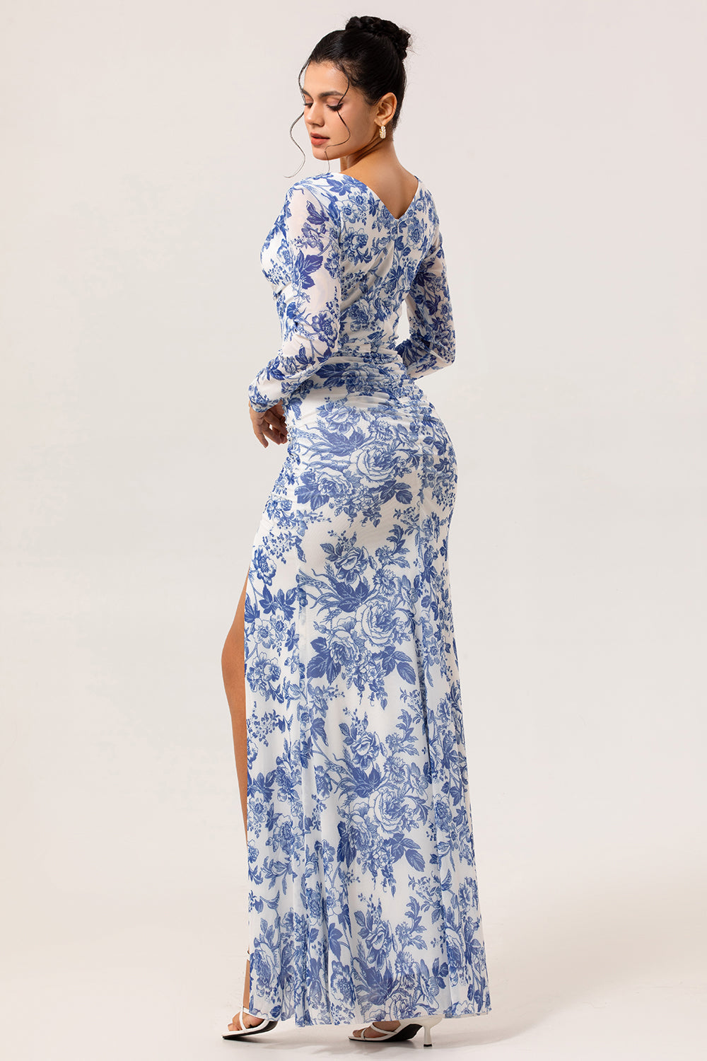 Blue V-Neck Floral Long Wedding Guest Dress with Sleeves
