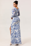 Blue V-Neck Floral Long Wedding Guest Dress with Sleeves
