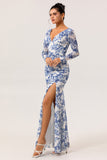 Blue Floral Long V-Neck Wedding Guest Dress with Sleeves