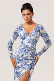 Blue Floral Long V-Neck Wedding Guest Dress with Sleeves