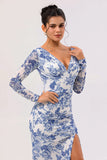 Blue Floral Long V-Neck Wedding Guest Dress with Sleeves