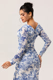 Blue Floral Long V-Neck Wedding Guest Dress with Sleeves