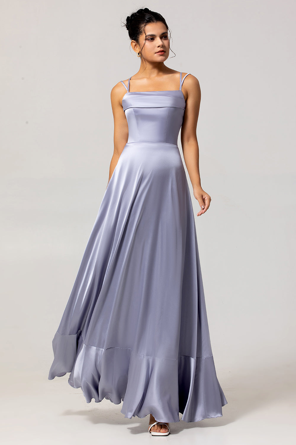 Dusty Blue Spaghetti Straps Long Satin Bridesmaid Dress