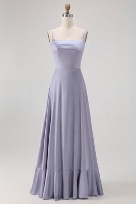 Dusty Blue Spaghetti Straps Long Satin Bridesmaid Dress
