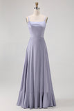 Dusty Blue Spaghetti Straps Long Satin Bridesmaid Dress