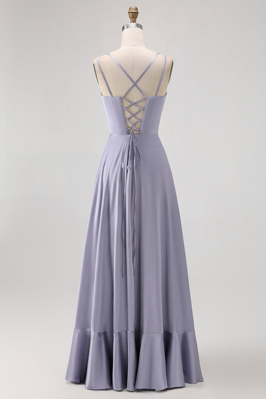 Dusty Blue Spaghetti Straps Long Satin Bridesmaid Dress
