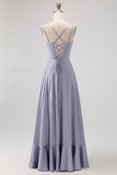 Dusty Blue Spaghetti Straps Long Satin Bridesmaid Dress