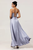 Dusty Blue Spaghetti Straps Long Satin Bridesmaid Dress