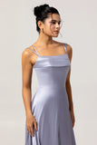 Dusty Blue Spaghetti Straps A Line Long Bridesmaid Dress