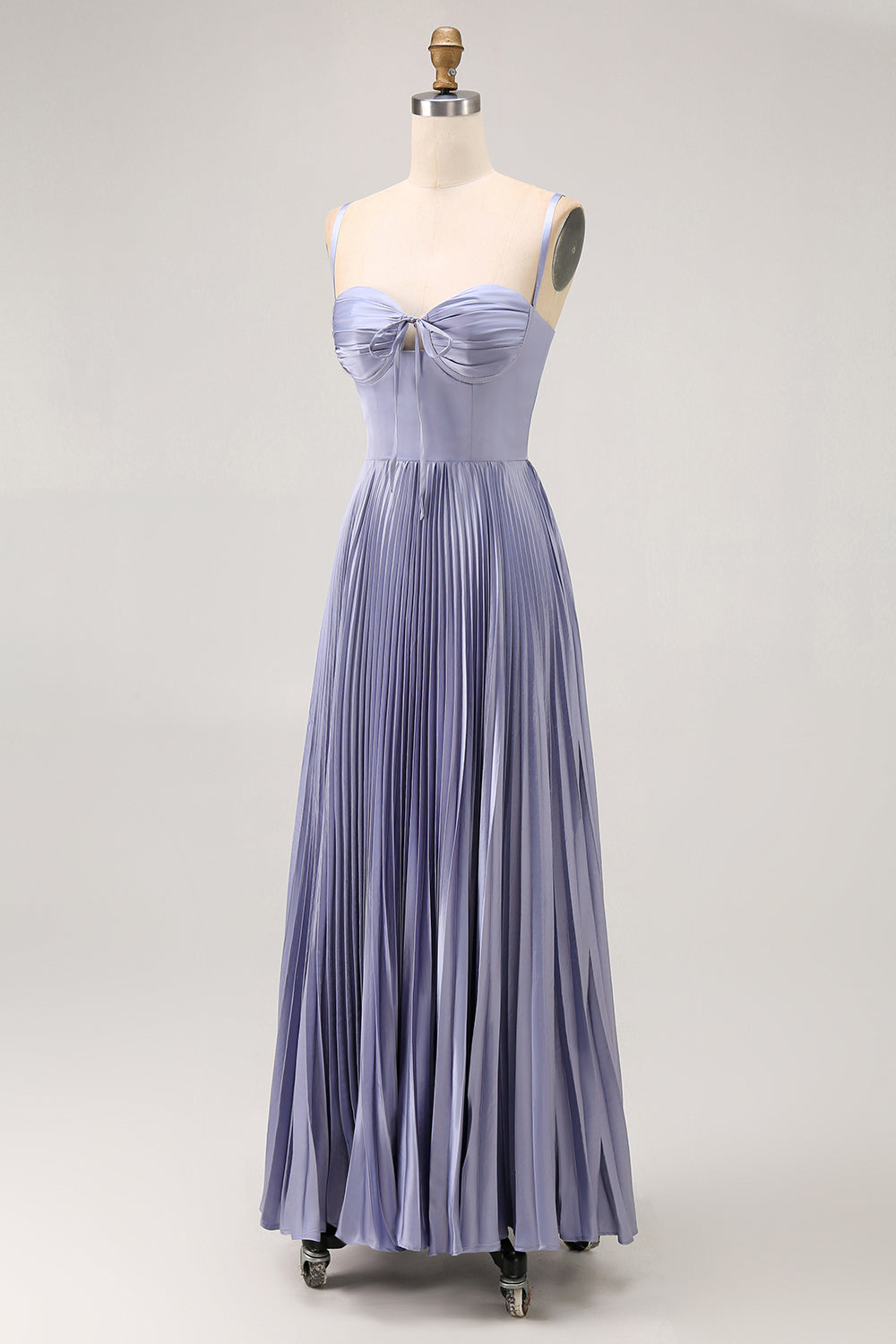 Dusty Blue Sheath Satin Pleated Long Bridesmaid Dress with Bow