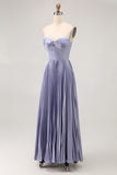 Dusty Blue Sheath Satin Pleated Long Bridesmaid Dress with Bow