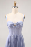 Dusty Blue Sheath Satin Pleated Long Bridesmaid Dress with Bow